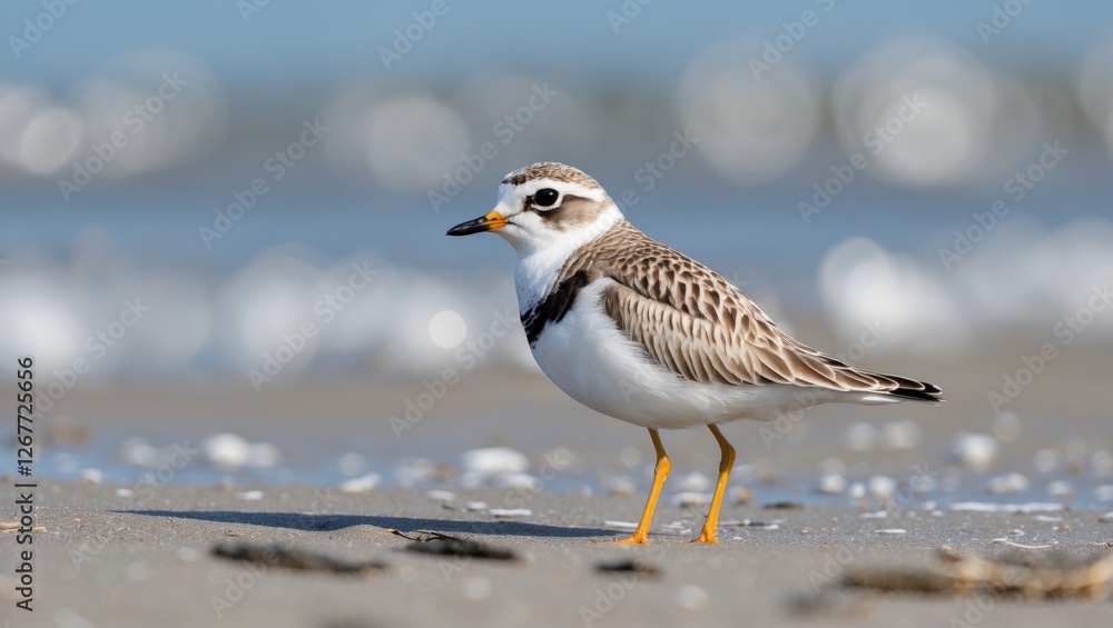 Poster close-up of a shorebird standing on wet sand with ocean waves in the background copy space