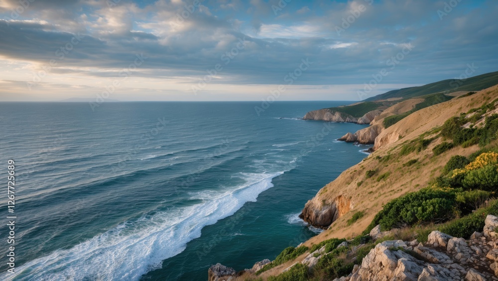 Aufkleber coastal landscape view with rolling waves and cliffs under a cloudy sky during sunset with copy spac