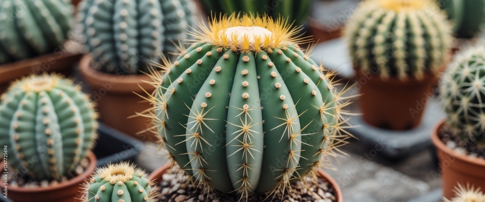 Poster cacti in pots showcasing various sizes and textures with spines and green surfaces in a greenhouse s