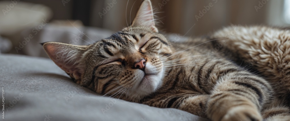 Poster sleeping tabby cat lying on a soft surface with closed eyes and relaxed expression indoors copy spac