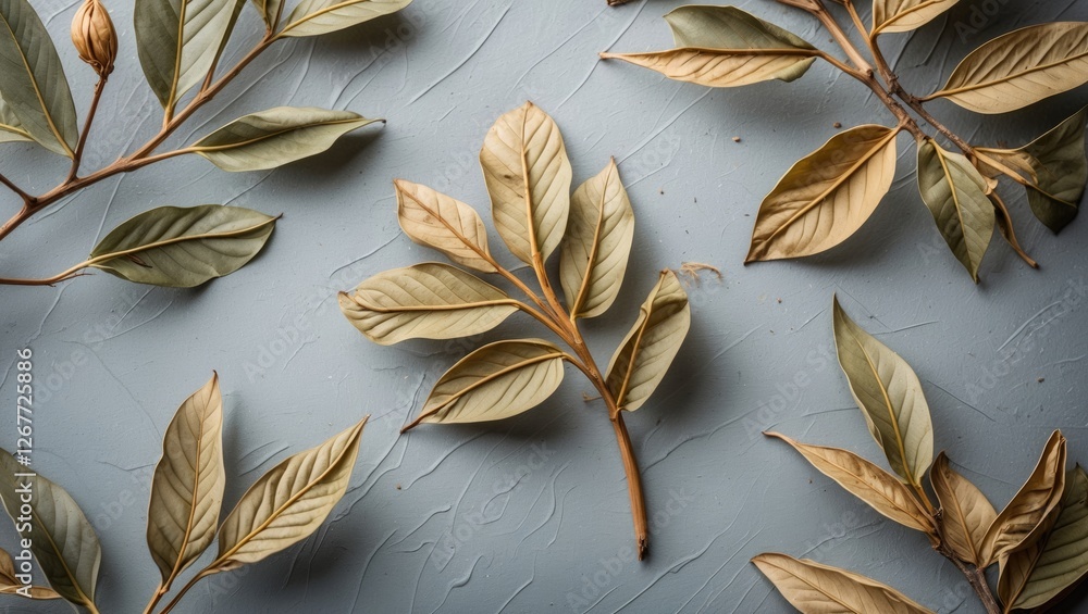 Poster dried leaves arrangement on textured blue background with copy space for text insertion