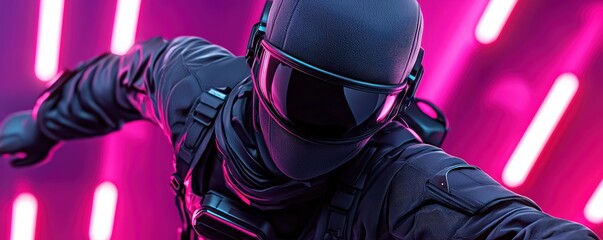 A sleek, masked figure in black gear strikes a dynamic pose against a backdrop of vibrant pink light beams, suggesting energy and action.