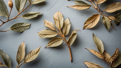 Dried leaves arrangement on textured blue background with copy space for text insertion