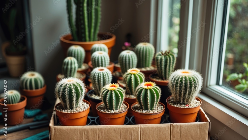 Aufkleber assorted cacti in terracotta pots near a window with natural light and copy space for text
