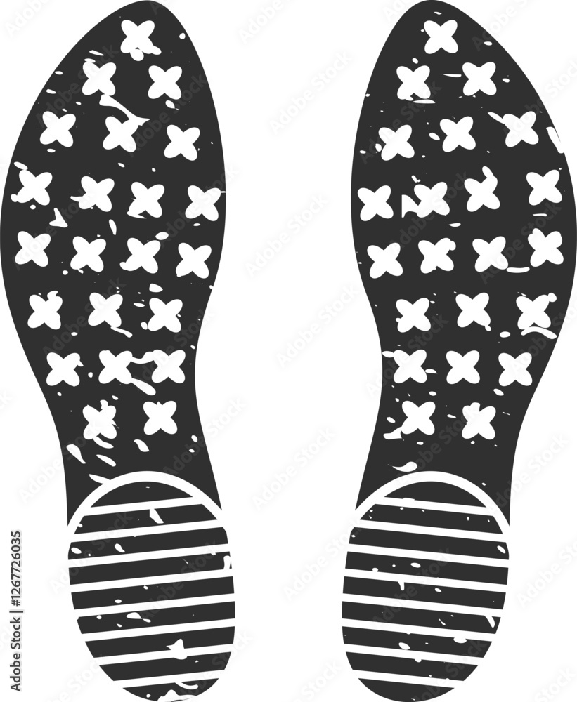Poster shoe prints with a distinctive pattern of crosses and horizontal lines are imprinted on a surface, p