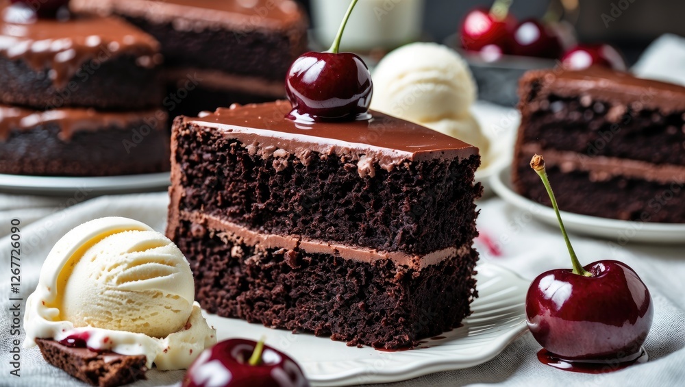 Poster chocolate layer cake slice with chocolate frosting topped with cherries and served with vanilla ice 