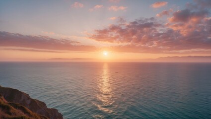 Fototapeta premium Sunset over calm ocean waters with reflective light and distant mountains under a colorful sky, ideal for landscape photography, Copy Space