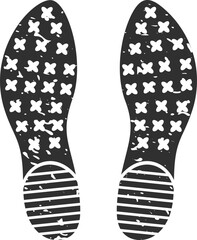 Shoe prints with a distinctive pattern of crosses and horizontal lines are imprinted on a surface, possibly indicating a moment of stillness or pause