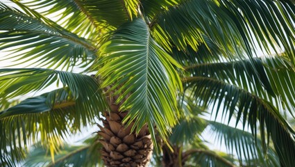 Fototapeta premium Close-up of palm tree leaves with sunlight filtering through showcasing vibrant green foliage and a textured trunk in natural setting. Copy Space