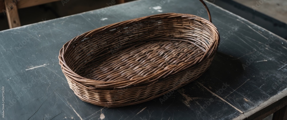 Aufkleber woven wicker basket on wooden table with rustic finish and dark background. copy space available for