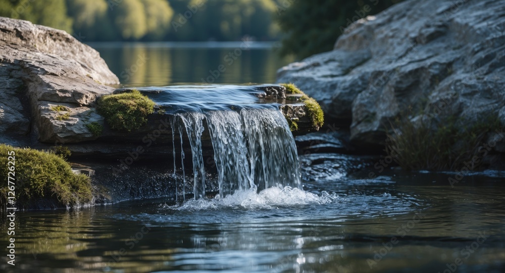 Poster close-up view of a small waterfall flowing over rocks into a tranquil lake surrounded by greenery co