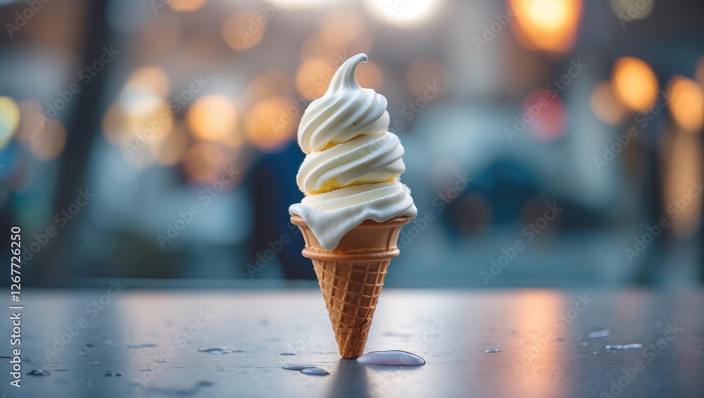 Poster ice cream cone with soft serve swirl on table blurred background bokeh lights dessert photography co