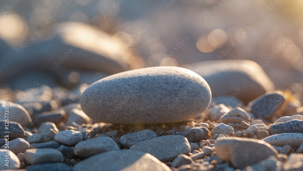 Poster smooth river stone on a pebbled surface in soft natural lighting with blurred background and visible