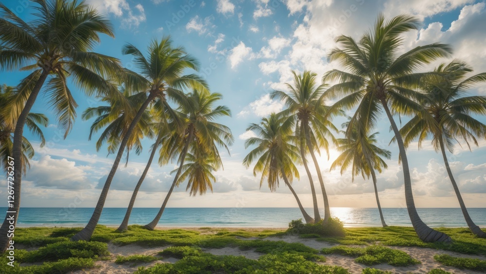 Poster tropical beach scene with palm trees at sunset and ocean in background with clouds and greenery in f