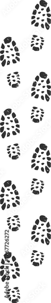 Poster dark shoe prints creating a vertical line on a white background evoke a sense of journey and passage