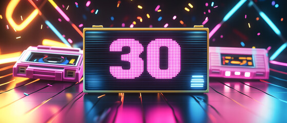 retro, pink 30 anniversary / birthday panorama background in 80s / 90s disco party style