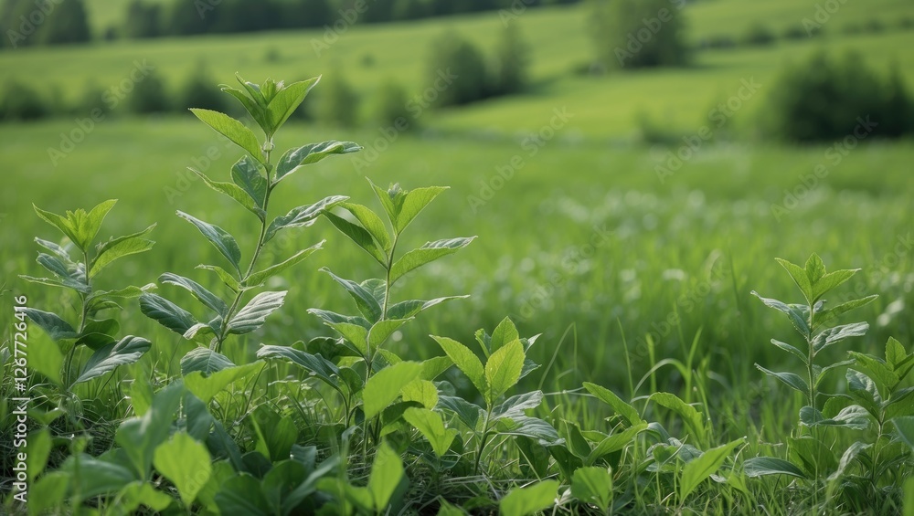 Poster green plants in the foreground with a lush grassy field and trees in the background during daytime c