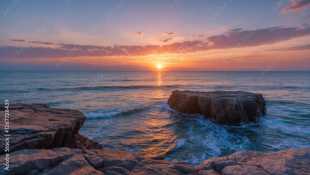 Poster sunset over the ocean with rocky coastline and gentle waves creating a serene atmosphere copy space