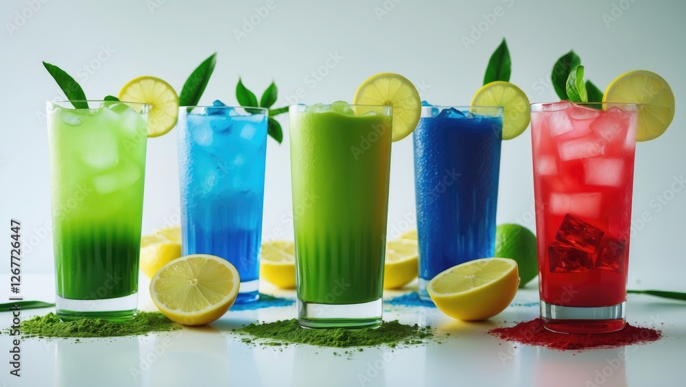 Poster colorful refreshing beverages in clear glasses with ice and lemon slices on a white background with 