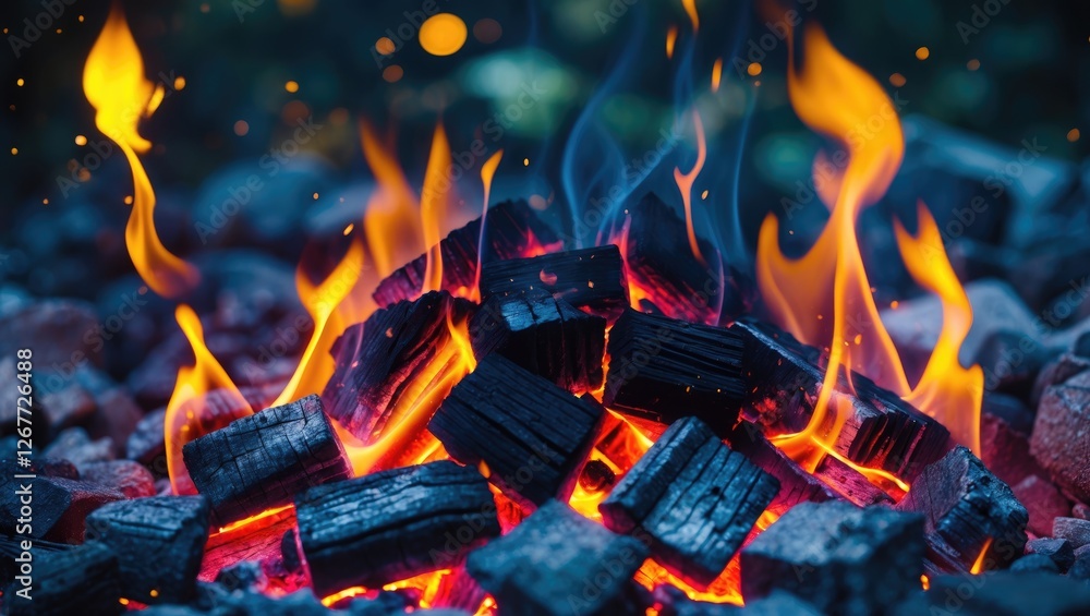 Aufkleber burning charcoal with flames and sparks against a blurred background in a dark setting providing cop