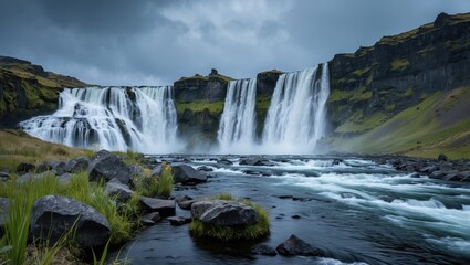 Fototapeta premium Multiple waterfalls cascading over rocky cliffs into a river with lush green grass and stones in the foreground under a cloudy sky Copy Space