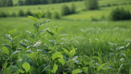Green plants in the foreground with a lush grassy field and trees in the background during daytime Copy Space