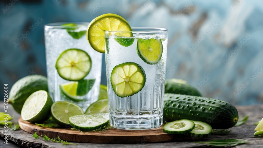 Poster refreshing cucumber and lime drinks in glasses with fresh cucumber slices on a wooden board, with co