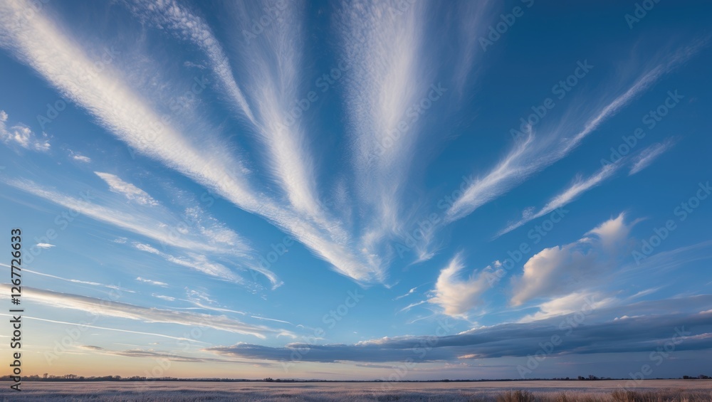 Poster dramatic cloud formation against a blue sky during sunset with expansive view of open field and copy