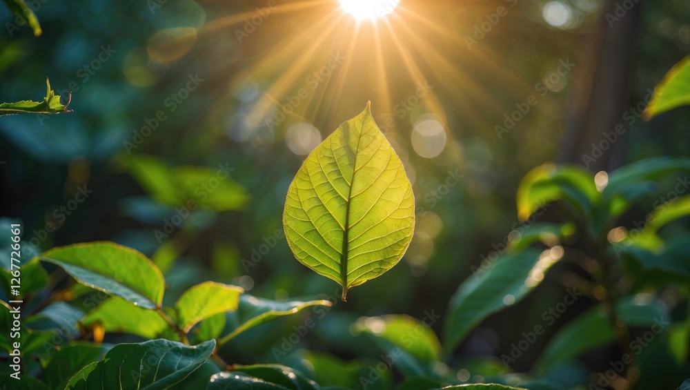 Poster green leaf illuminated by sunlight in a lush forest setting with blurred background copy space