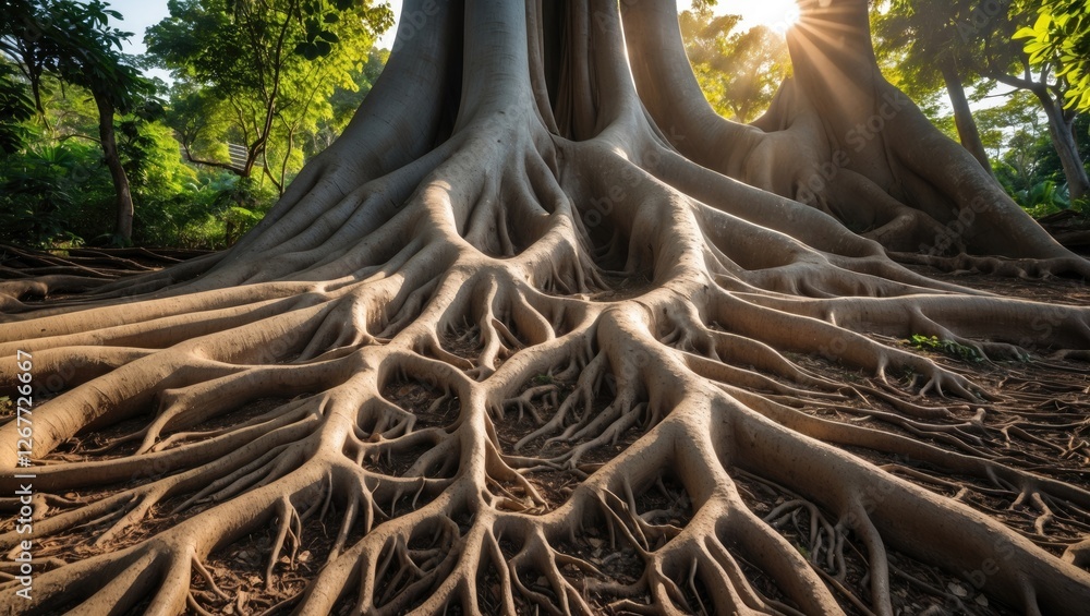 Poster large tree roots emerging from the ground with sunlight filtering through the leaves in a lush green