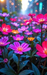 A stunning close-up of vibrant, glowing flowers in full bloom, illuminated with soft golden light. 