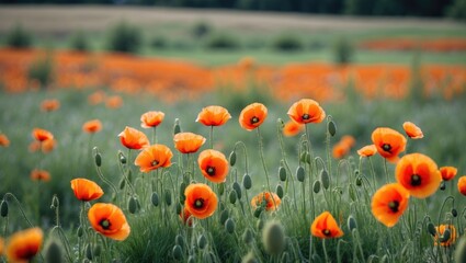 Obraz premium Field of blooming orange poppies in vibrant colors against a blurred background of green grass and distant hills Copy Space