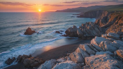 Sunset over rocky coastline with waves crashing on the shore and distant mountains under a colorful sky Copy Space