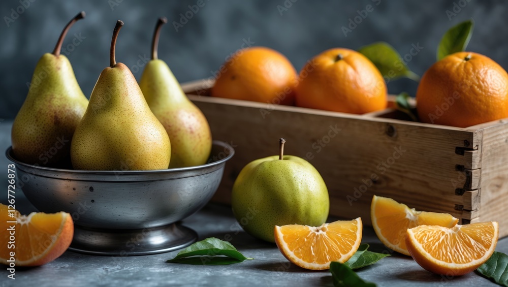 Poster bowl of ripe pears and fresh oranges with orange slices on a textured surface with a wooden crate in