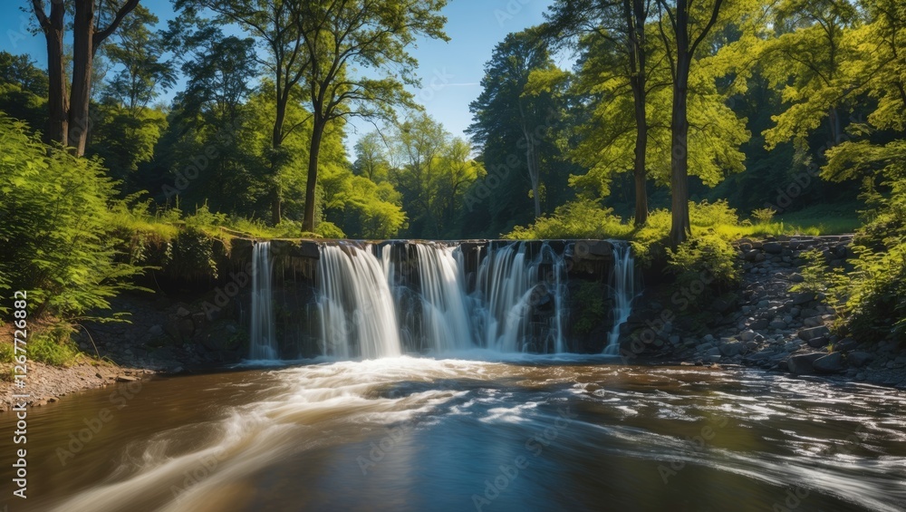 Poster waterfall cascading over rocks surrounded by lush greenery and trees in a tranquil forest setting wi