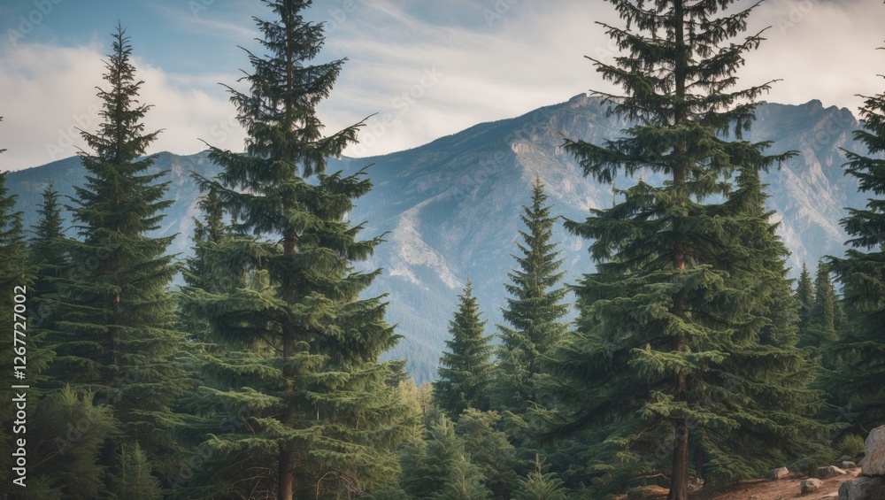 Poster mountain landscape surrounded by evergreen trees with copy space for text