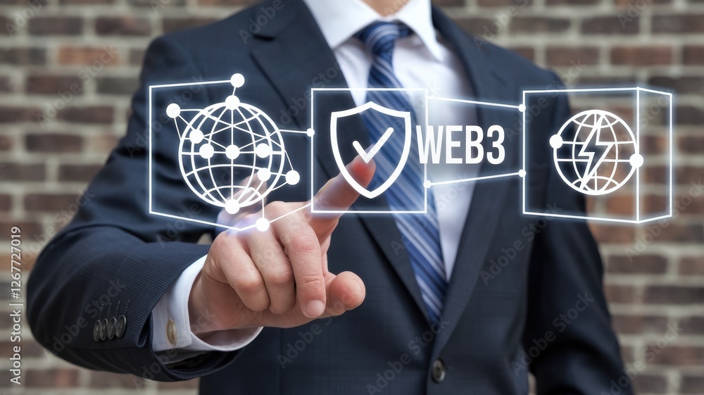 Poster business professional interacts with a web three secure graphic