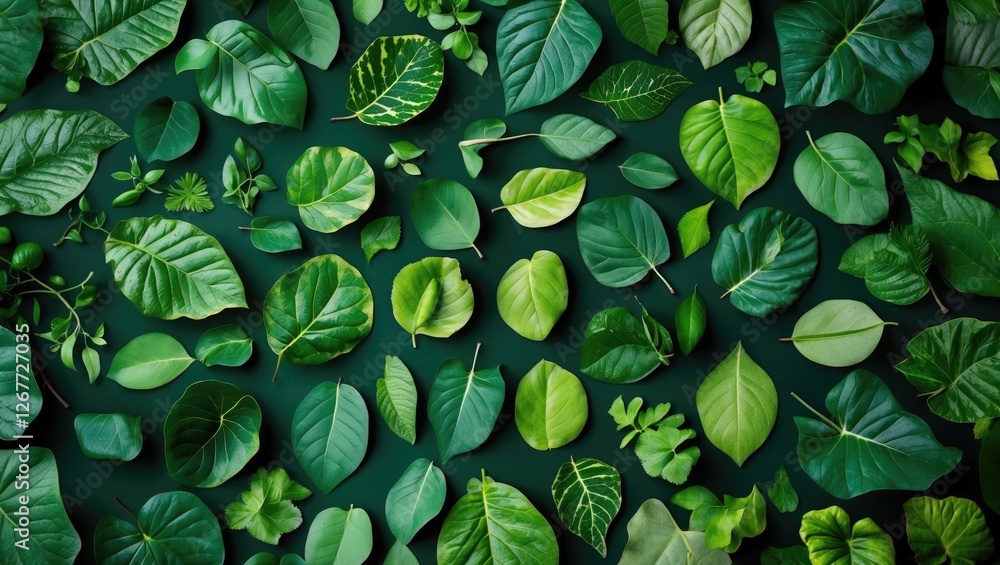 Aufkleber various green leaves arranged neatly on a dark background with diverse shapes and sizes showcasing d