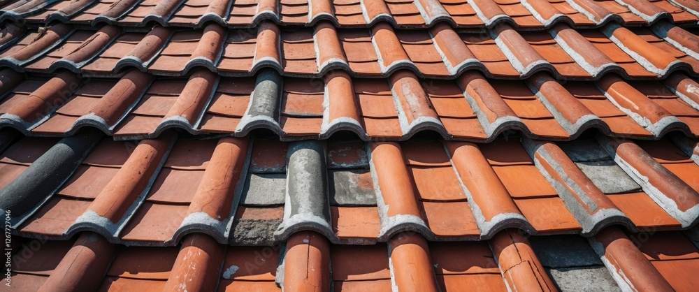 Poster terracotta roof tiles with weathered texture and color variations in a diagonal layout ideal for arc