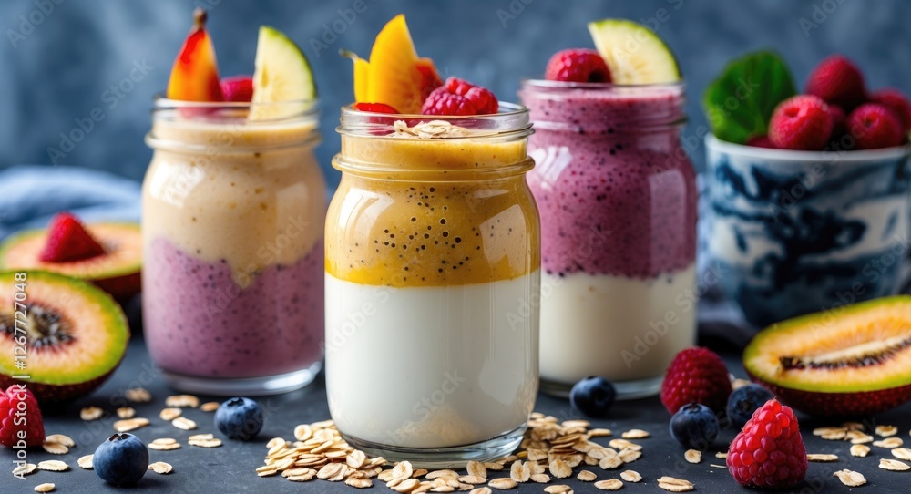 Poster Three jars of colorful layered smoothies topped with fruits and oats on a dark surface with fresh berries and kiwi slices around. Copy Space