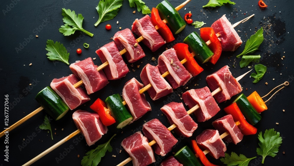 Poster raw meat skewers with vegetables on wooden sticks arranged on a dark background with fresh herbs and