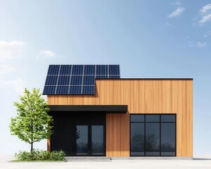 Fototapeta premium Ultramodern sustainable twostory coffee shop with solar panels, ecofriendly materials, and a green energy concept
