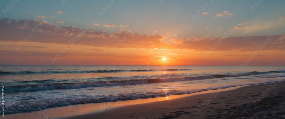 Poster sunset over calm ocean waves with sandy beach in foreground and colorful sky with clouds in the back