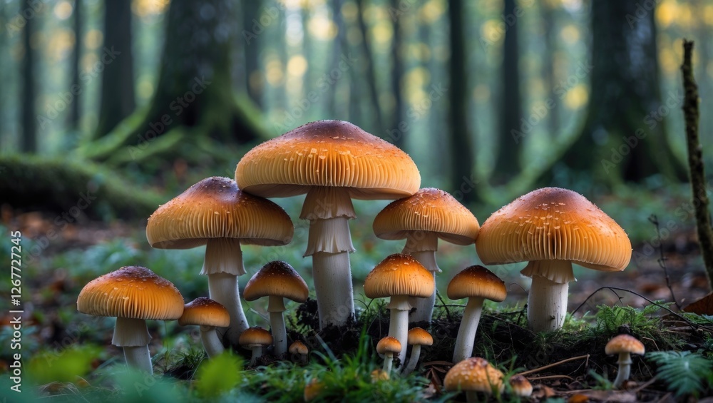 Poster mushroom cluster in forest with vibrant colors and soft natural lighting surrounded by lush greenery
