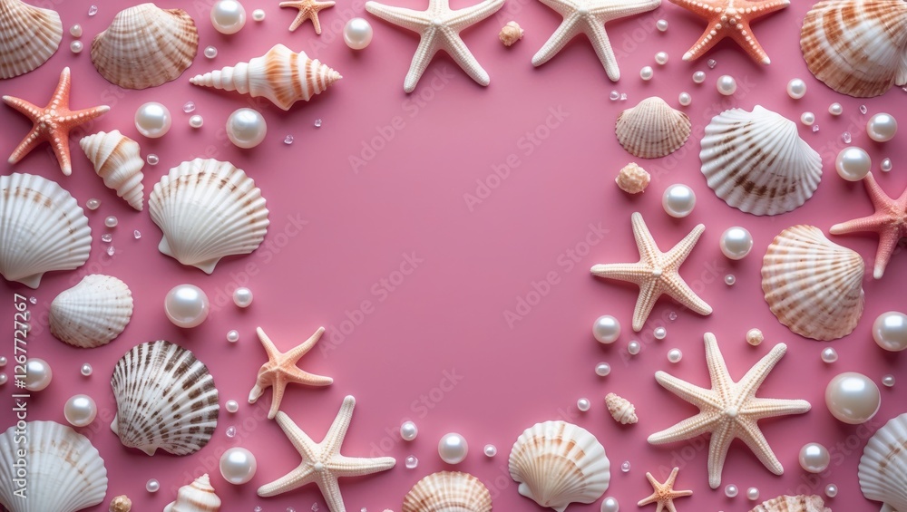 Poster seashells and starfish with pearls on pink background creating a decorative frame copy space