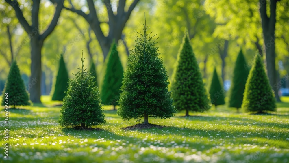 Poster green coniferous trees in a sunny park setting surrounded by grass and foliage with soft light and b