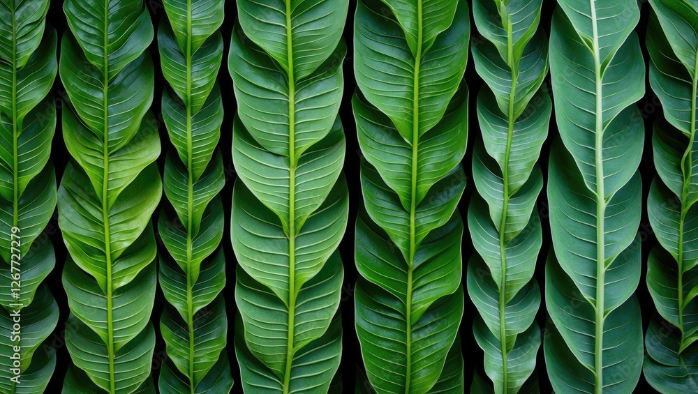 Poster close-up of tropical green leaves arranged vertically with rich textures and patterns on a dark back