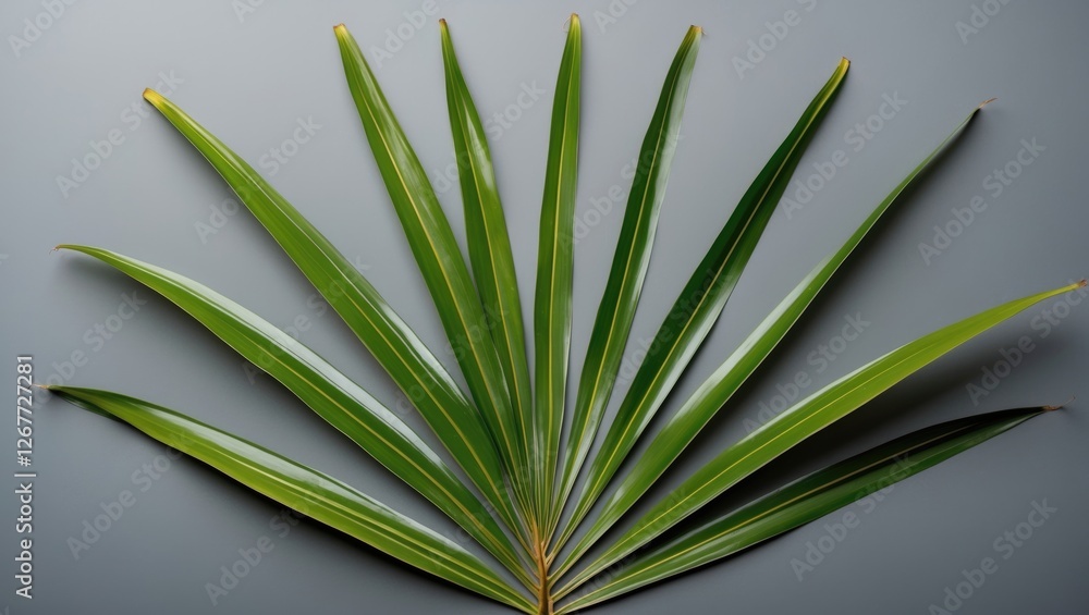 Poster green palm leaves arranged symmetrically on a gray background with ample space for text copy space