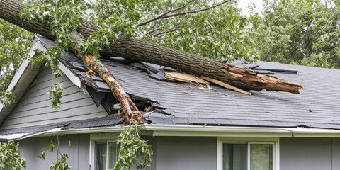 A large tree has collapsed onto the roof of a residential house, resulting in extensive damage to the structure following a storm