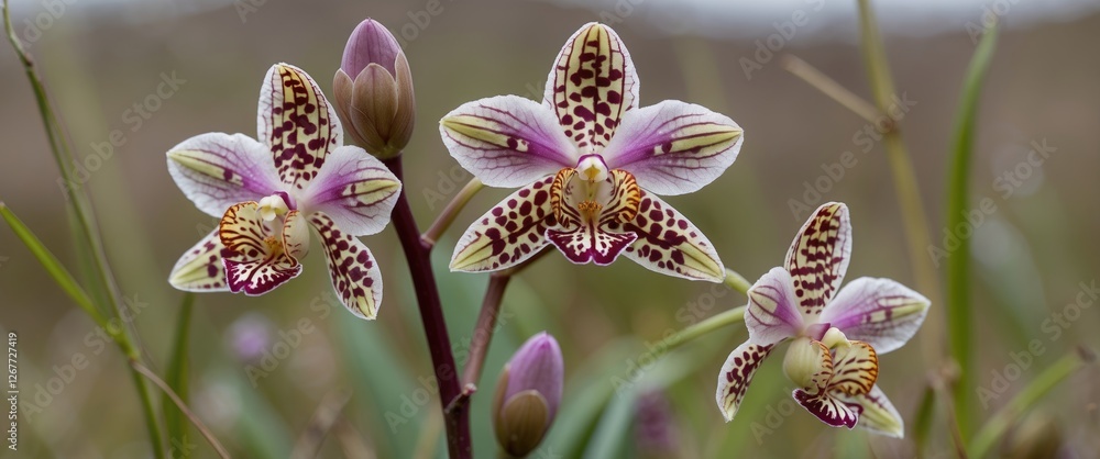 Poster orchid flowers with pink and white petals displaying intricate patterns and buds in a natural settin